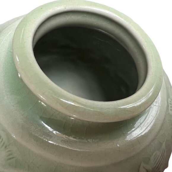 Antique Signed & # Chinese Celadon Porcelain Vase Lotus and Leaf Motif Design 5" - Picture 7 of 12